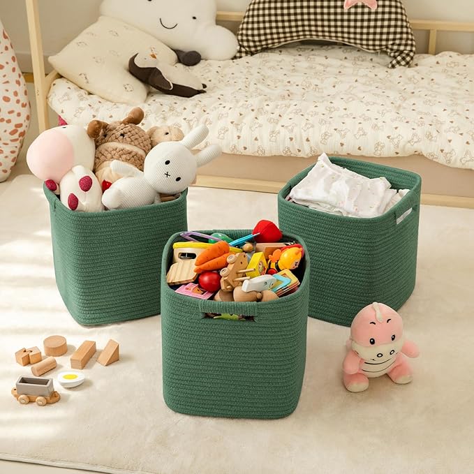 OIAHOMY Storage Cubes 11 Inch Storage Bins-3 Pack, Cotton Rope Woven Baskets for Organizing, Square Baskets for Shelves Organizer, Classroom, Toy Basket, Green-Ruum Studio Home