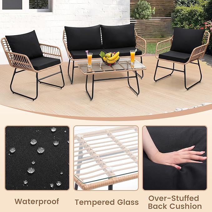 Kromax 4 Piece Patio Bistro Outdoor Furniture Set, Wicker Sofa, 2 Rattan Chairs, and Table, Backyard Conversation Set, All Weather Cushions, Natural Rattan Black Cushion-Ruum Studio Home