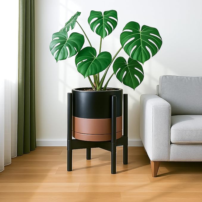 D'vine Dev Ceramic Planter with Ebony Stand - 12 Inch Modern Round Flower Pot with Wood Planter Holder, Black/Speckled Tan, 55-B-H-7-Ruum Studio Home