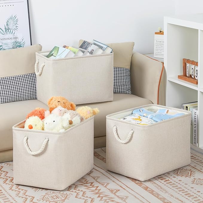 Bidtakay Large Storage Baskets for Shelves 3 Pack Fabric Storage Bins for Organizing Linen Collapsible Organizer for Closet-Light Biege-Ruum Studio Home