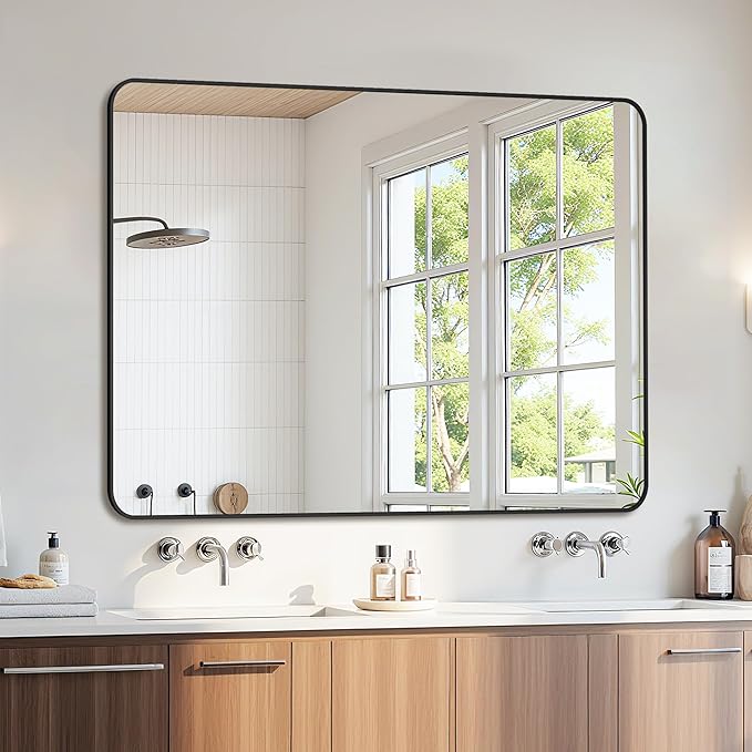 Bathroom Mirror 48" x 36", Large Rectangle Wall Mirror, Black Metal Frame Wall Mounted Mirrors for Bathroom, Vanity, Bedroom, Entryway Decor(Horizontal/Vertical)-Ruum Studio Home