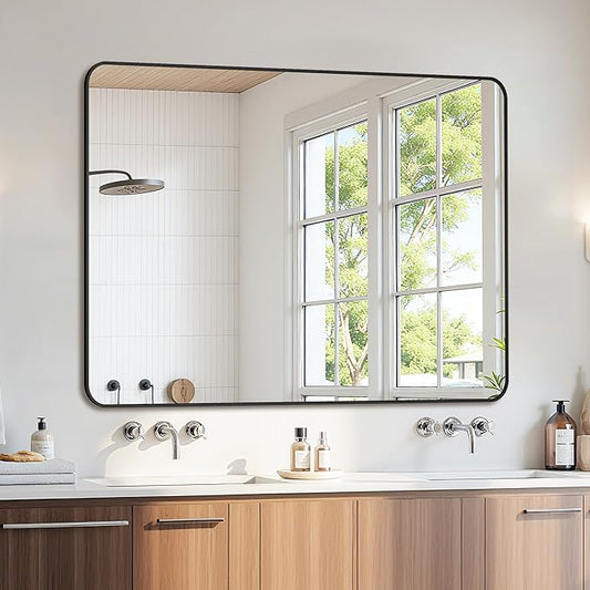 Bathroom Mirror 48" x 36", Large Rectangle Wall Mirror, Black Metal Frame Wall Mounted Mirrors for Bathroom, Vanity, Bedroom, Entryway Decor(Horizontal/Vertical)-Ruum Studio Home