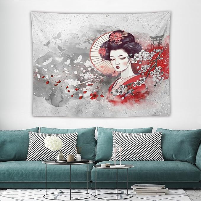 Japanese Geisha Tapestry Asian Red Cherry Blossom Traditional Kimono Folk Tapestries Home Decor for Living Room Bedroom Apartment Farmhouse Dorm 80"x60"-Ruum Studio Home