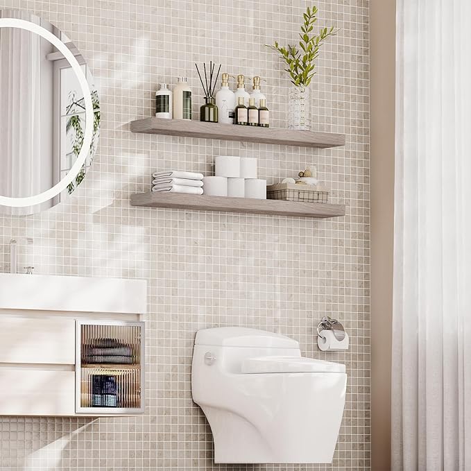 HOOBRO Floating Shelves for Wall, Wall Mounted Shelf Set of 2, 47.2" Hanging Shelf with Invisible Brackets, for Wall in Bathroom, Bedroom, Toilet, Kitchen, Living Room, Office, Greige BG120BJP201-Ruum Studio Home
