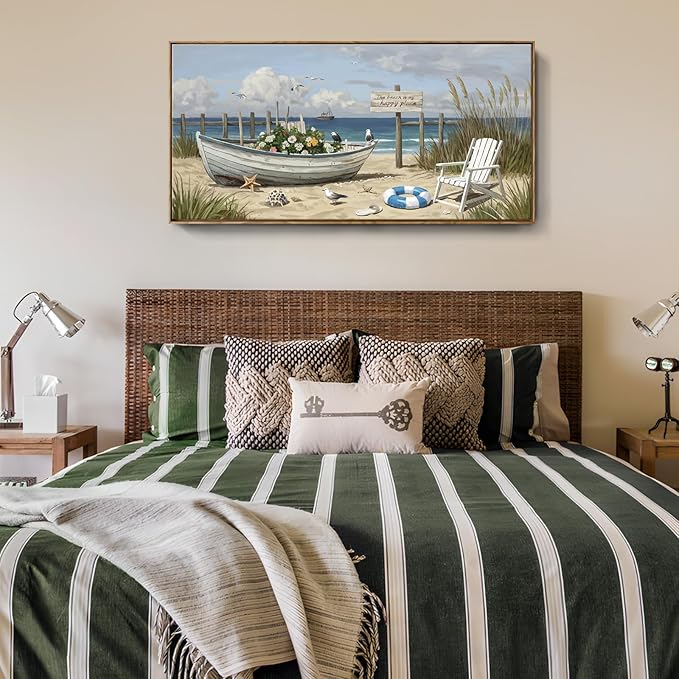 amatop Large Framed Wall Art for Living Room Nautical Beach Canvas Print Blue Flower Boat on Sandy Shore Ocean Seaside Landscape Coastal Artwork with Sea Birds Rustic Bedroom Office Home Decor 48×24 Inch-Ruum Studio Home
