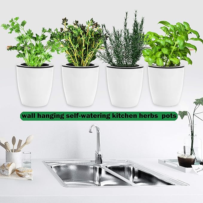 3 Pack Self Watering Wall Hanging Planter Pots Vertical Garden Window Hang Mount Indoor Outdoor Plant Flower Basket for Kitchen Herbs Balcony Railing Shelf Fence Bedroom Trellis Decor Modern White Box-Ruum Studio Home