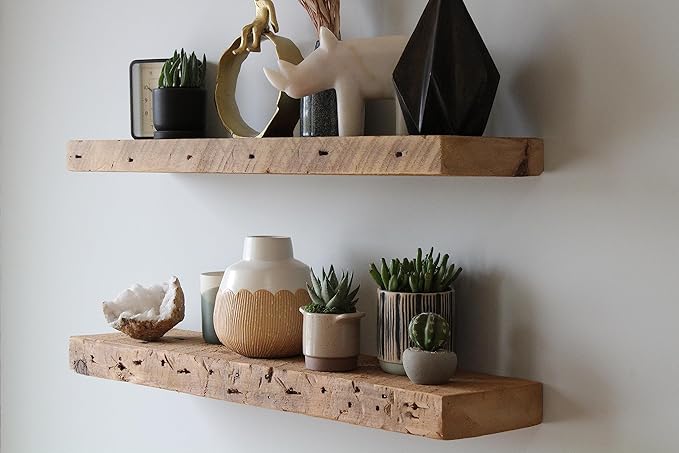 Urban Legacy Reclaimed Barnwood Planks | Floating Shelves for Wall w/Flush Mount Shelf Bracket Set Included | Set of 2 (Natural, 18" x 7" x 2")-Ruum Studio Home
