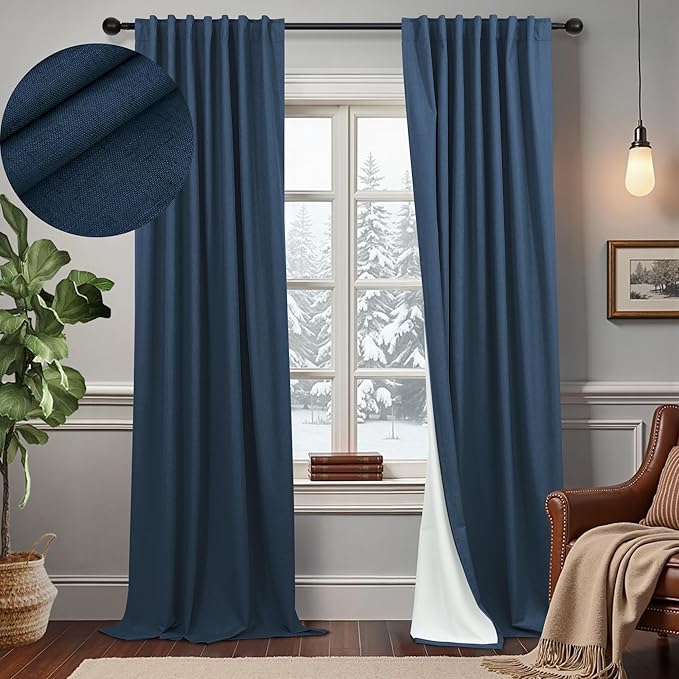 Navy Blue Blackout Curtains for Living Room 84 Inch Length 2 Panel Set Back Tab Pocket Midnight Dark Blue Black Out Linen Window Drape Thermal Insulated Room Darkening Curtain for Bedroom Boys 84 Long-Ruum Studio Home