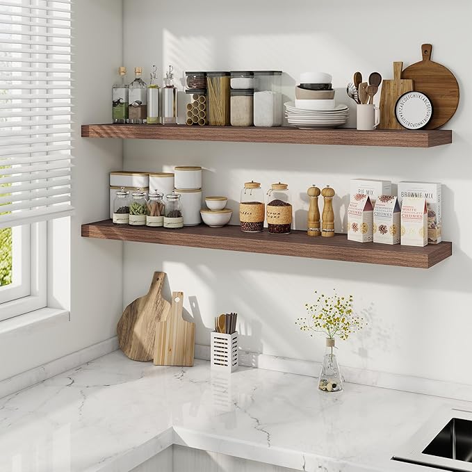 Fun Memories 48 Inch Deep Floating Shelves for Wall, 2 Pack of Long Wall Mounted Wood Shelves with Invisible Brackets for Bathroom, Bedroom, Living Room, Kitchen Decor and Storage, Walnut-Ruum Studio Home