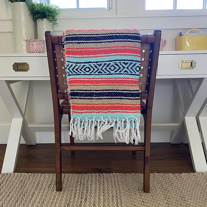 Del Mex Classic Mexican Blanket, Large Authentic Woven Falsa Throw (70"x50"), Artisan Southwest Décor for Beach, Yoga, Outdoors (Mint/Tan/Orange)-Ruum Studio Home