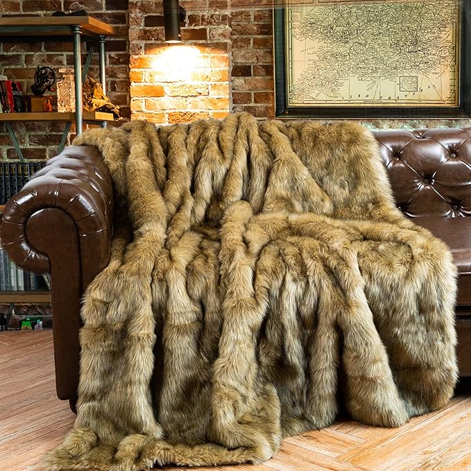 BATTILO HOME Golden Faux Fur Throw Blanket for Couch Sofa, Long Pile Fur Blankets and Throws, Elegant, Fluffy Thick Warm Heavyweight Fur Blanket Reversible to Plush Velvet, 50"x60"-Ruum Studio Home