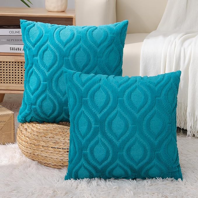 decorUhome Fall Throw Pillow Covers 12x20 Inch Set of 2, Soft Plush Decorative Faux Fur Teal Solid Couch Pillow Covers, Accent Farmhouse Neutral Lumbar Euro Pillow Cases for Sofa Bed Living Room-Ruum Studio Home