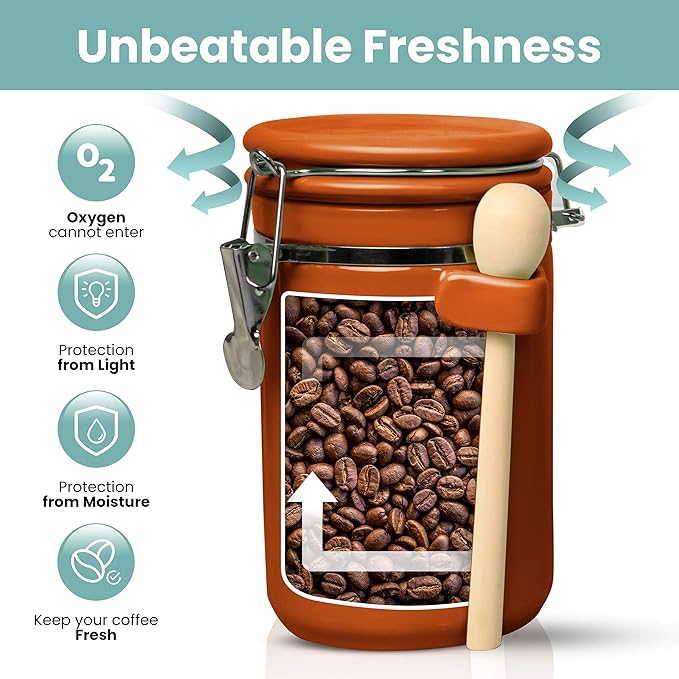 Home Intuition Ceramic Kitchen Canisters Set of 4 with Wooden Spoon Set – Airtight Containers, Metal Latches for Utmost Freshness – Sugar, Coffee, Flour, Tea & More | Rust-Ruum Studio Home