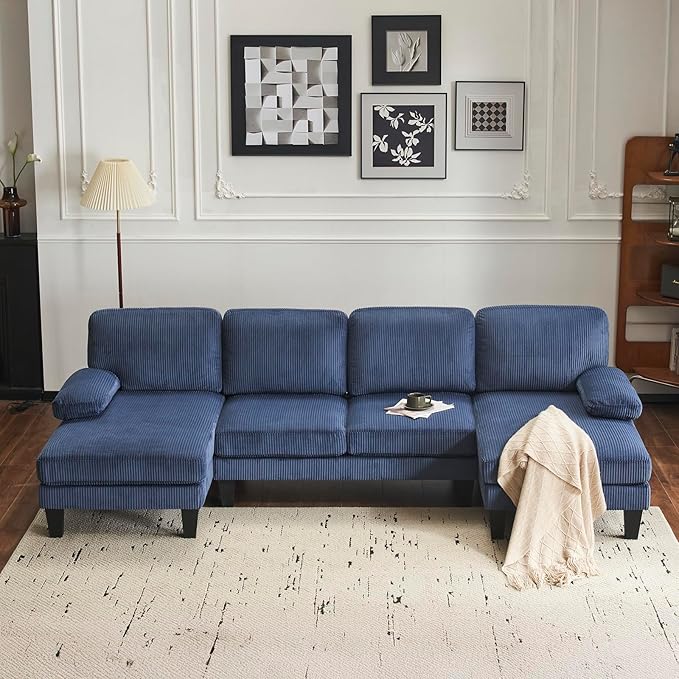 Karl home U-Shape Sectional Sofa Couch 111" Modern 4-Seat Sofa with Chaises Corduroy Fabric Upholstered Covertible Couch with Wood Grain Legs for Living Room, Reception Room, Apartment, Navy Blue-Ruum Studio Home