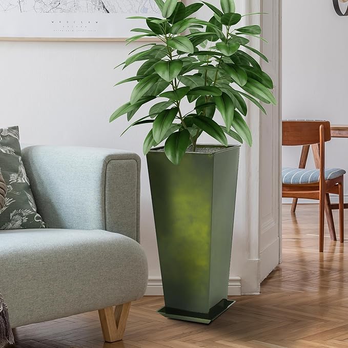 KOL Galvanized Steel Planter 25''H. with Saucer, Bright Glazed Planter with Drainage Hole, Set of 2, Tall Pots for Indoor & Outdoor Use, Decorative Flower Plant Pots for Porch, Patio, Deck - Green-Ruum Studio Home