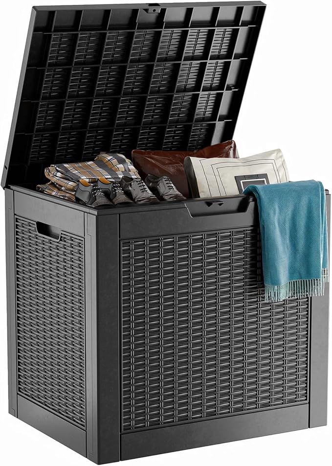 30 Gallon Resin Deck Box, Lockable Patio Outdoor Storage Box for Furniture, Garden Tools and Tools Storage, Waterproof Outside Storage Boxes - Black-Ruum Studio Home