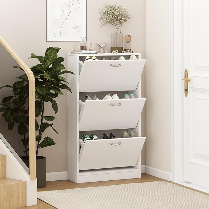Shoe Storage Cabinet with 3 Flip Drawers, Narrow Shoe Cabinet Freestanding Slim Shoe Storage Organizer for Entryway, Hallway, Entrance, Bedroom, Living Room, White-Ruum Studio Home