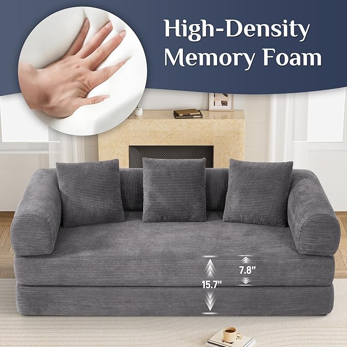 Convertible Sleeper Sofa Bed with Pillow, 4-in-1 Corduroy Folding Mattress Couch with Fixed-Shape Frame, Futon Fold Out Floor Sofa Cama Lounge Couch for Living Room Bedroom Studio, Grey-Ruum Studio Home