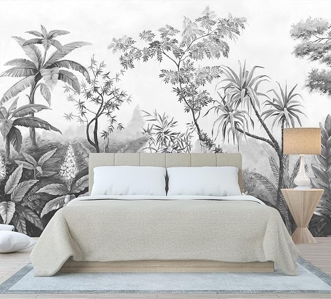 Gray Tropical Rainforest Botanical Wallpaper Bedroom Hand-Painted Oil Painting Jungle Plant Wall Mural Living Room (Not Peel and Stick)-Ruum Studio Home