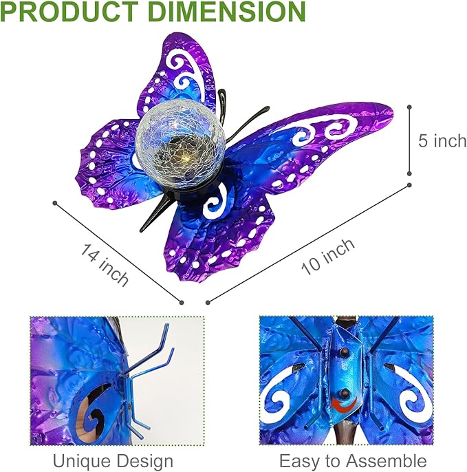 Solar Lights Outdoor Garden Butterfly Decor, Metal Butterfly Statue Decoration with LED Crackle Glass Globe, Solar Powered Lighted Garden Art Decor for Patio Lawn Yard Pathway Tabletop Ground-Ruum Studio Home