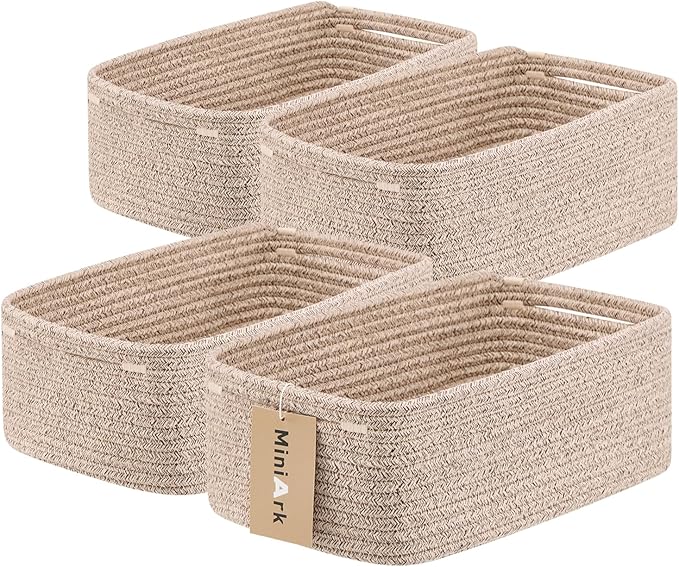 Small Storage Baskets for Organizing | Closet Organizer Bins | Shelf Toy Basket | Woven Rope Baskets | Cube Decorative Box | Shallow Basket | 13x8.5x5.1” | 4 Packs Mixed Brown-Ruum Studio Home