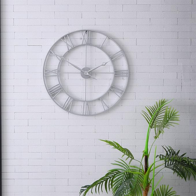 CLXEAST Large Modern 30 Inch Wall Clock Silver, Oversized Big Roman Numeral Metal Wall Clocks for Living Room Decor, Home Office-Ruum Studio Home