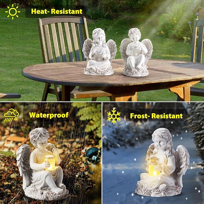 2 Pack Outdoor Angel Statue Garden Decor, Classic Solar Angel Figurine Decoration for Yard Art Indoor Porch Home Lawn Outside Light up Cherub Sculpture Guardian Wings Memorial Gifts-Ruum Studio Home