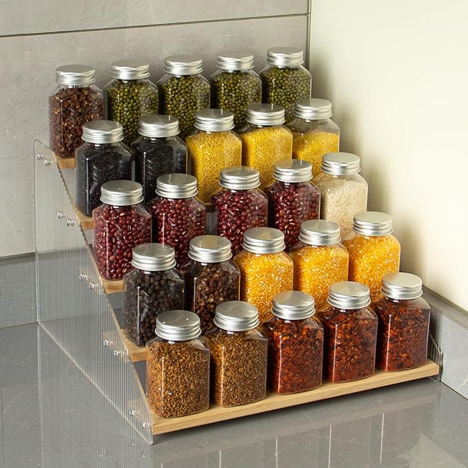 nianfeng Tiered Spice Rack, 5-Tier Spice Pantry Kitchen Cabinet Organizer, 12-Inch, Natural Wood Acrylic Stair Riser Stand, Countertop Seasoning Shelf-Ruum Studio Home