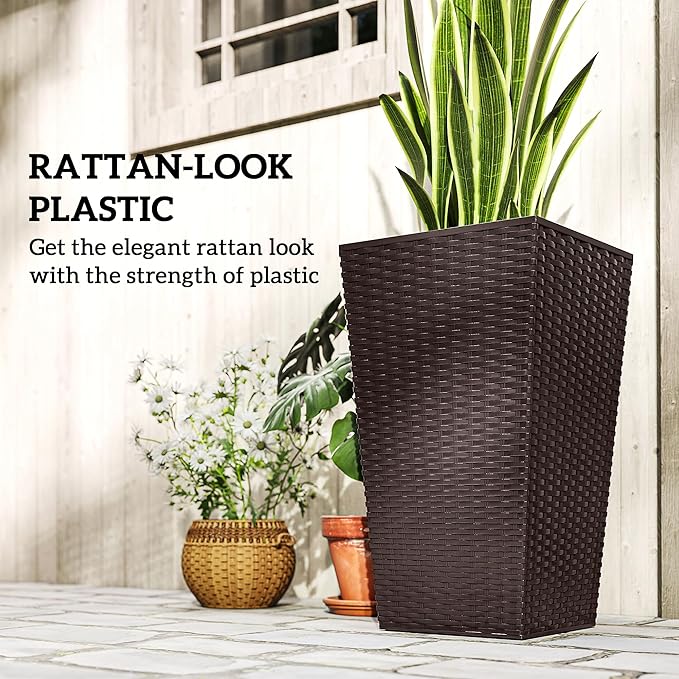 Outsunny Tall Planters for Outdoor Plants Set of 3, 24 in Taper Planters with Drainage Holes, Rattan Decor Plant Pots for Indoor Outdoor Front Porch Patio Backyard, Brown-Ruum Studio Home