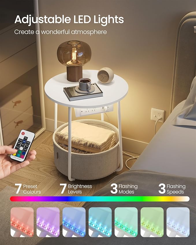 VASAGLE Side Table with Charging Station, Round End Table with Fabric Basket, LED Nightstand with Power Outlets, USB Ports, for Living Room, Bedroom, Modern, Matte White and Camel Brown ULET227W01-Ruum Studio Home