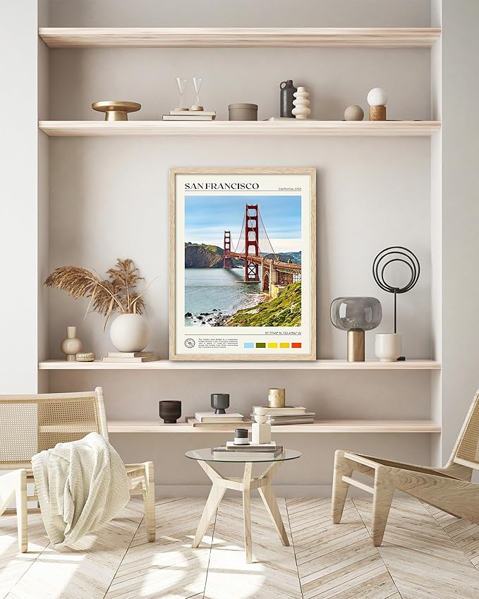 HesenDot Natural OAK Wood Golden Gate Bridge Framed Wall Art,12x16in San Francisco City Skyline Canvas Wall Print,Modern Urban Landmark Wall Decor for Living Room,Bedroom,Office Gallery Gifts Set of 1-Ruum Studio Home