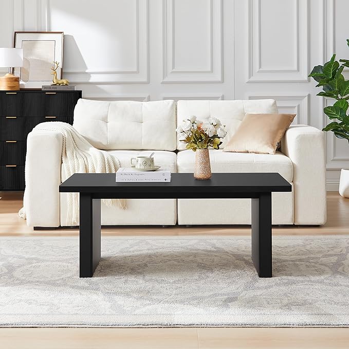 Rectangular Fluted Coffee Table, Farmhouse Wood Coffee Table Mid Century Modern Center Table Boho Living Room Tables for Living Room Office (Black, 19.69" D x 43.3" W x 17.72" H)-Ruum Studio Home