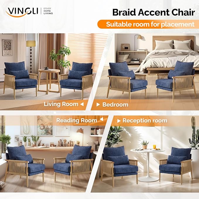 VINGLI Boho Braid Accent Armchairs Set of 2,Mid-Century Modern Chiars with Solid Wooden Armrest,Comfy Louge Cushion Chairs with Waist Pillow for Bedroom,Living Room,Reading Room, Blue-Ruum Studio Home