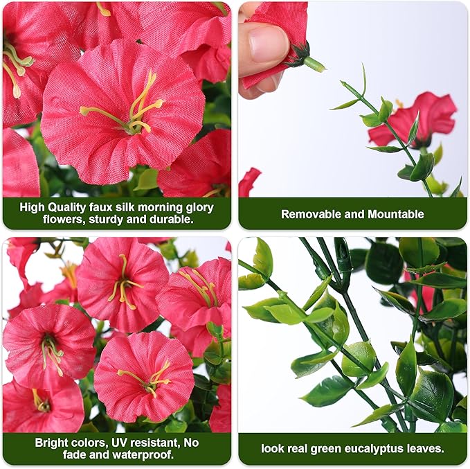 Artificial Flowers for Outdoors Fake Plants Outside Decoration, 12 Bundles Silk Hot Pink Morning Glory UV Resistant Look Real Faux Flowers for Planter Front Door Porch Patio Yard Gardens Home-Ruum Studio Home