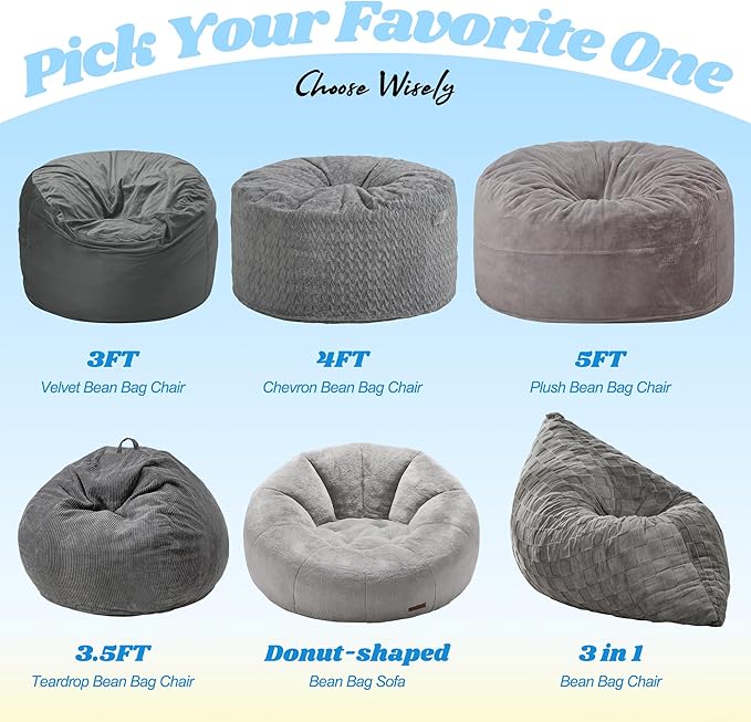 Hobestluk 3 in 1 Bean Bag Chair Giant Bean Bag Chairs for Adults with Plaid Cover Convertible Bean Bag Floor Cushion with Machine Washable Cover for Living Room (Plaid Grey)-Ruum Studio Home