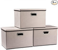 PRANDOM Large Foldable Storage Bins with Lids [3-Pack] linenFabric Decorative Storage Boxes Organizer Containers Baskets Cube with Handles Divider for Bedroom Closet Office Light Grey(17.7x11.8x11.8)-Ruum Studio Home