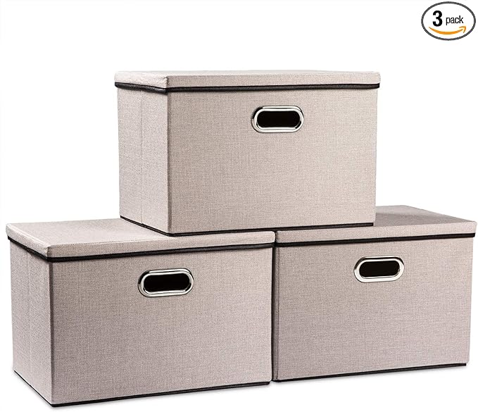 PRANDOM Large Foldable Storage Bins with Lids [3-Pack] linenFabric Decorative Storage Boxes Organizer Containers Baskets Cube with Handles Divider for Bedroom Closet Office Light Grey(17.7x11.8x11.8)-Ruum Studio Home