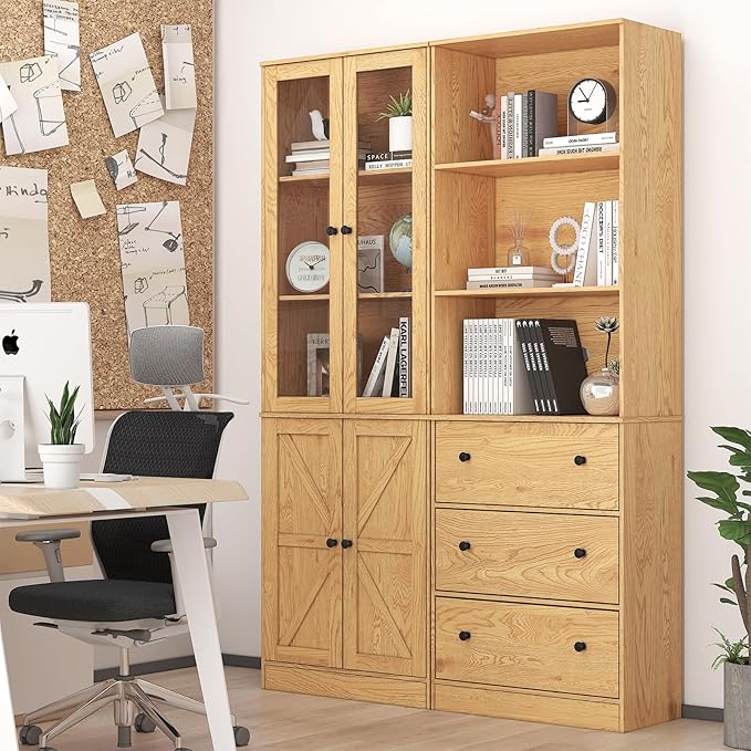 71" Tall Bookshelves Set of 2, Bookcase with Drawers & Bookshelf with Doors, Wooden Bookshelves Floor Standing Display Storage Shelves Home Decor Furniture for Home Office, Living Room,Natural-Ruum Studio Home