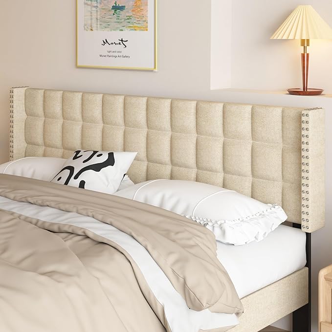 VECELO Headboard King Size, Linen Upholstered Headboards Only with Nailhead Trim Wingback, Square Stitched Design, Adjustable Height from 40" to 49.8", Oatmeal-Ruum Studio Home
