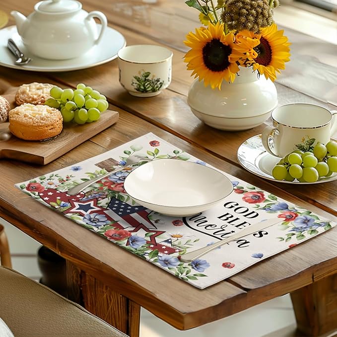 4th of July Placemats Set of 4 Patriotic Floral Cross Stars Independence Memorial Day Place Mats 12x18 Inch God Bless America Linen Fabric Table Mats for Party Kitchen Dining Decoration-Ruum Studio Home