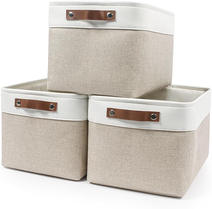 Storage Bins Large Fabric Storage Baskets for Shelves 3 Pack, Decorative Linen Closet Baskets with Handles for Organizing, Shelf, Clothes, Home, Office, 15x11x9.5Inches (Beige&White)-Ruum Studio Home