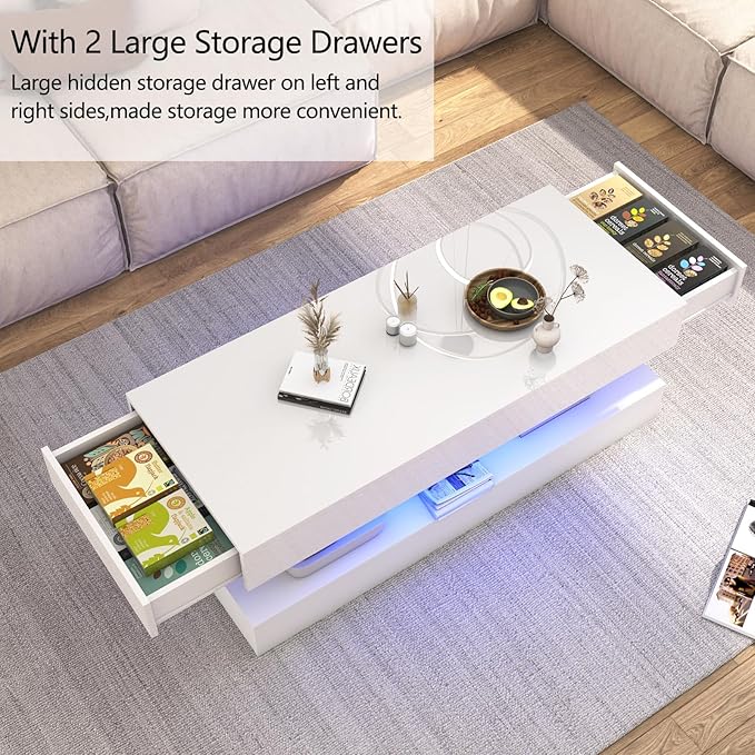 Uspeedy 47.3IN High Glossy LED Coffee Table,APP LED Lights,Black/White, Modern Furniture for Living Room (White)-Ruum Studio Home