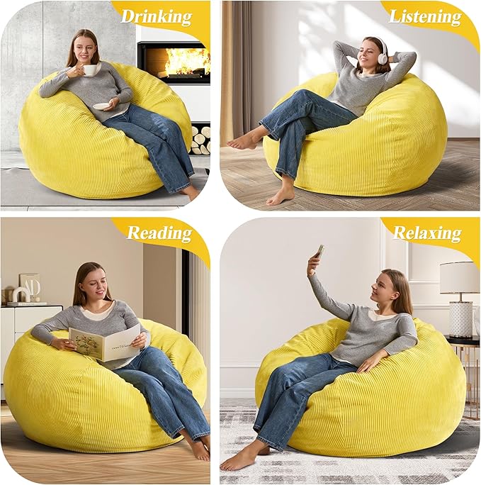 3.5FT Bean Bag Chairs Teardrop Bean Bag Chair for Adults Beanbag Chair with Memory Foam Filled Machine Washable Cover for Living Room, Bedroom (Large,Yellow)-Ruum Studio Home