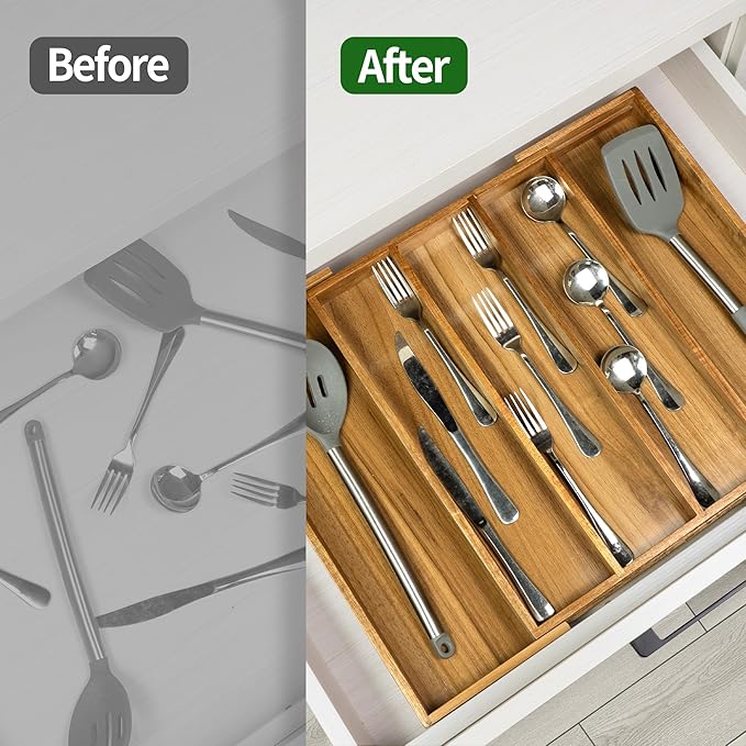 VaeFae Acacia Kitchen Silverware Organizer, Cutlery Drawer Organizer with 5 Compartments, Wooden Utensil Holder for Flatware and Cooking Tools-Ruum Studio Home