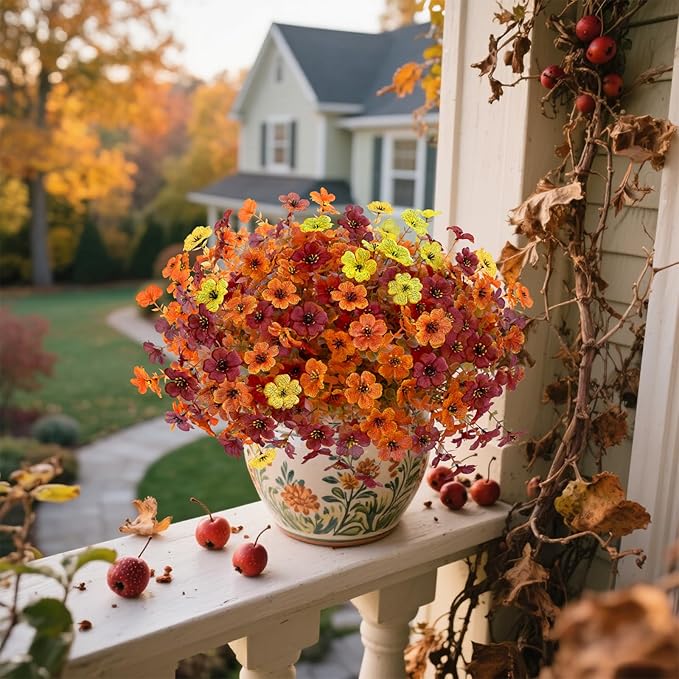 12 Bundles Artificial Fall Flowers Faux Mums for Outdoor Indoor, Artificial Plants Daisy Faux Plants Fake Mums for Fall Decor Pots Patio Garden Porch Autumn (Orange，Brown，Yellow) (12)-Ruum Studio Home