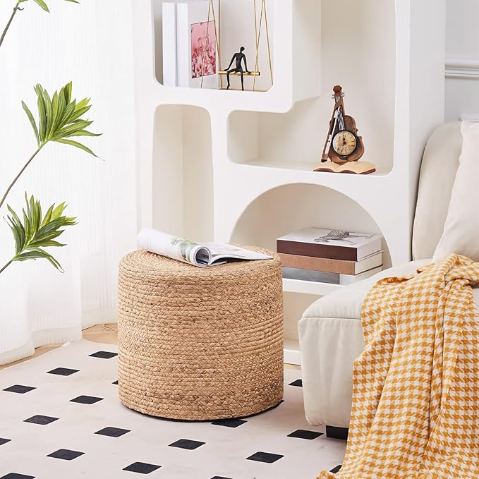 Wimarsbon 18'' Ottoman Pouf, Natural Braided Poof, Rustic Handweave Lounge Pouffe, Boho Footrest Stool for Bedroom, Accent Table or Seat for Living Room (Natural-LD)-Ruum Studio Home