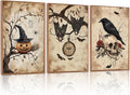 HLNIUC Vintage Halloween Decor Framed Gothic Skull Wall Art Set of 3(16”x24”) Floral Raven Crow Wall Decor,Horror Pumpkin Dark Academia Canvas Painting bats prints for Living Room Bedroom Goth Party-Ruum Studio Home