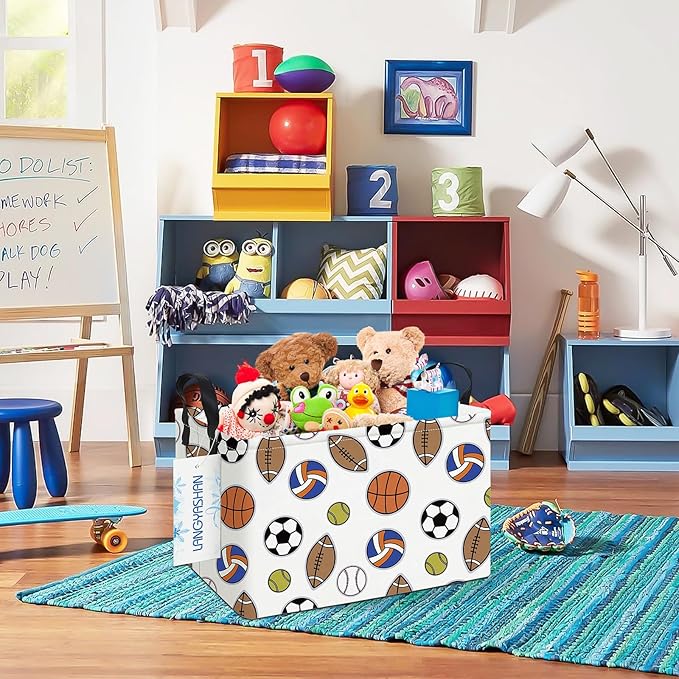 LANGYASHAN Rectangular Storage Bin Collapse Canvas Fabric Cartoon Storage Basket with Handles for Organizing Home Kitchen Boys and Girls Toys Office Closet Shelf Baskets (Rec Colorful Balls)-Ruum Studio Home