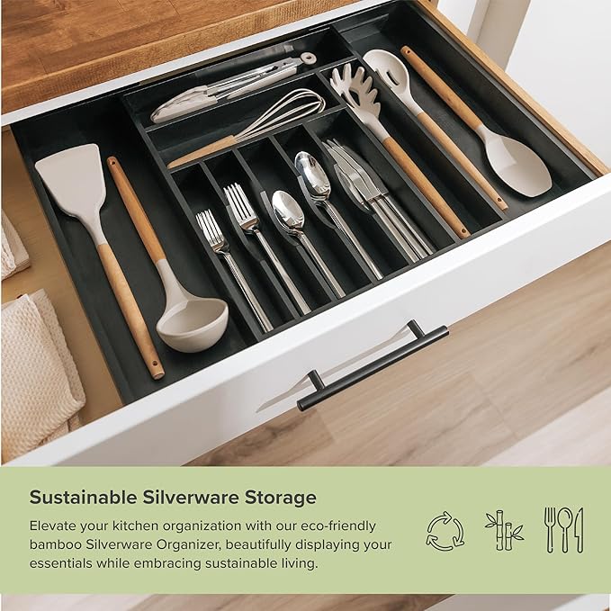 Premium Silverware, Flatware and Utensil Organizer for Kitchen Drawers, Food-Safe Contract Grade, Expandable from 14.5 to 25 In, Black Bamboo-Ruum Studio Home