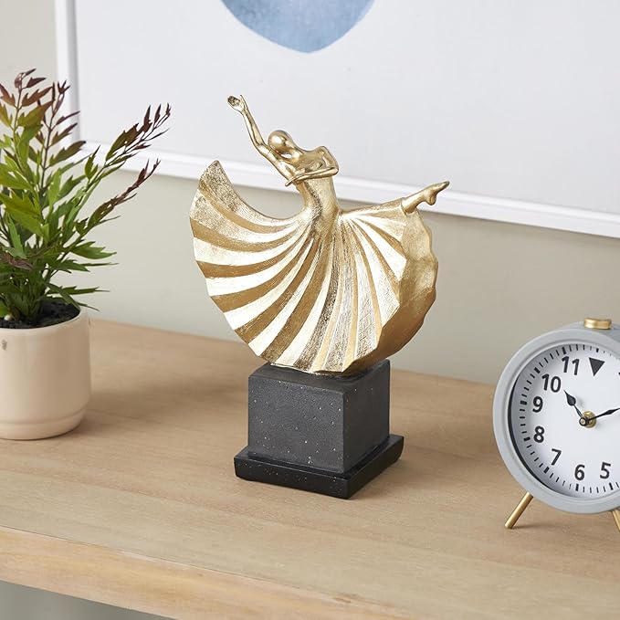 Deco 79 Polystone Dancer Decorative Sculpture Home Decor Statue with Black Square Base, Accent Figurine 9" x 4" x 12", Gold-Ruum Studio Home